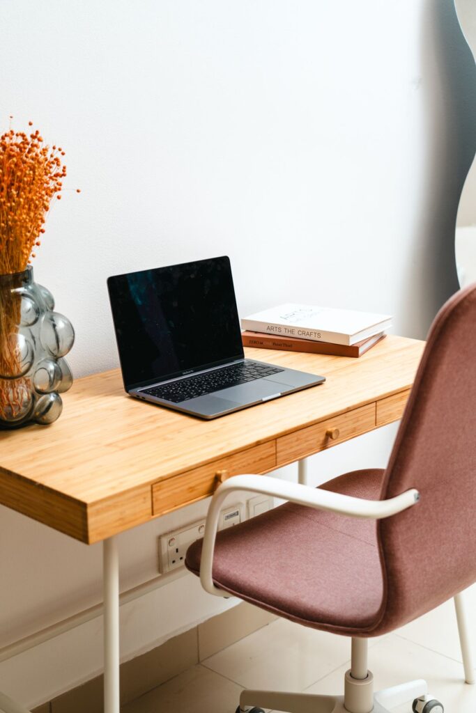Modern minimalist home office desk with laptop product photo