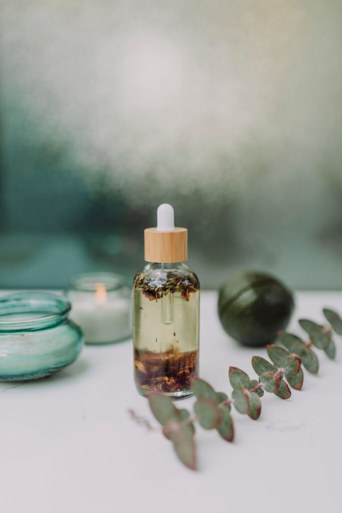 Essential oil in the bottle with eucalyptus product photo